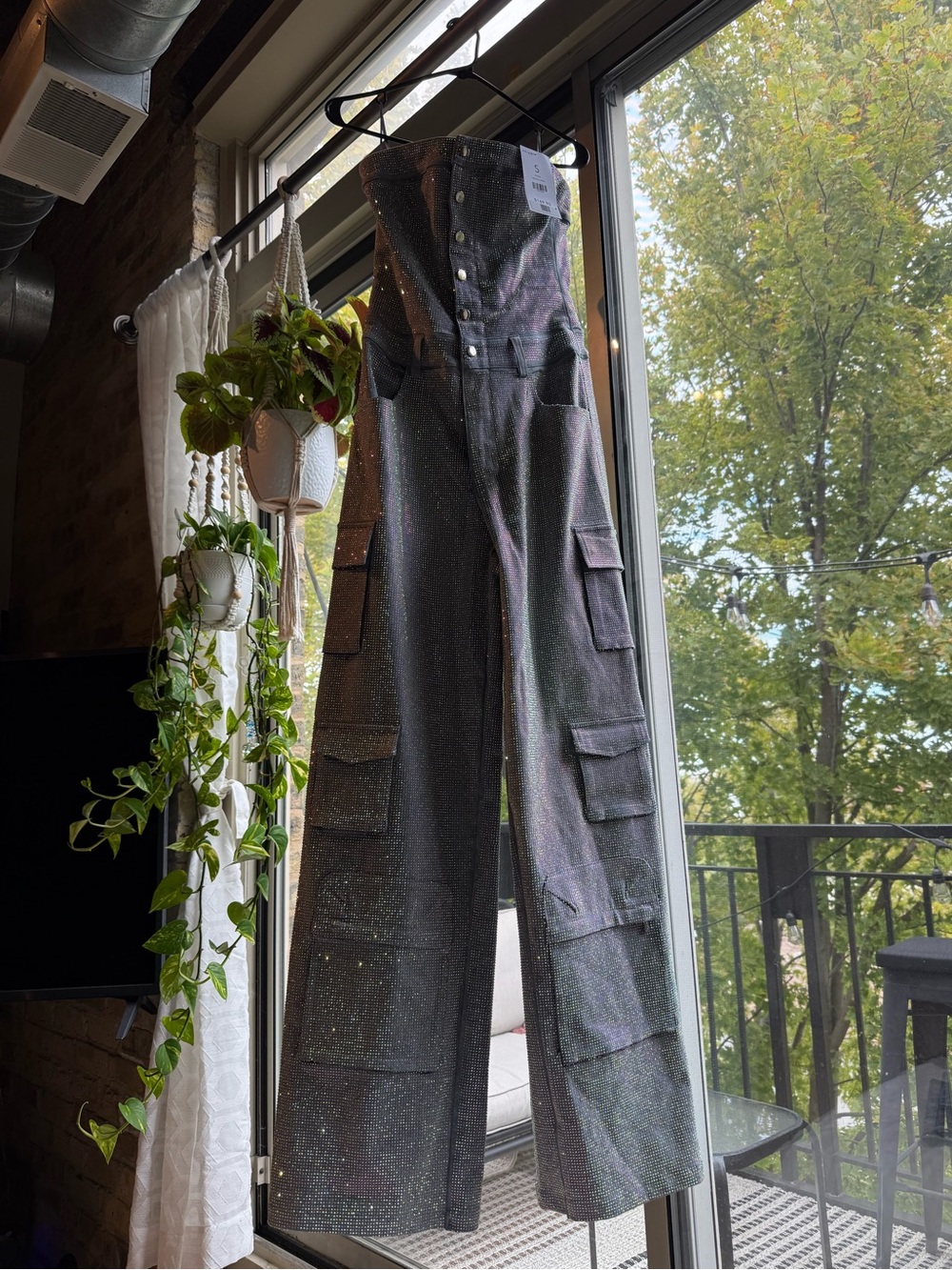 AKIRA Iridescent Sparkle High-Waist Cargo Jumpsuit